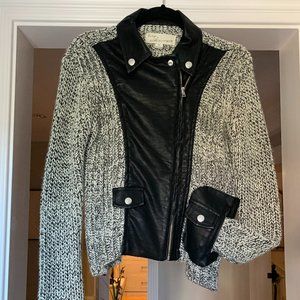 Vintage Havana Knit Sweater Jacket with Black Faux Leather trim